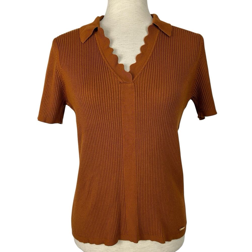 Calvin Klein Top Women Medium Rust Brown Ribbed Knit Collared Scallop V-Neck Y2K